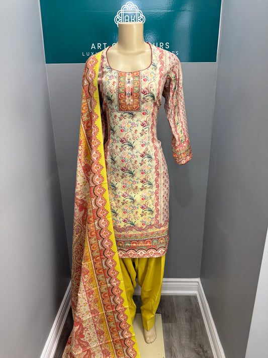 Printed Pashmina Salwar Suit- Yellow