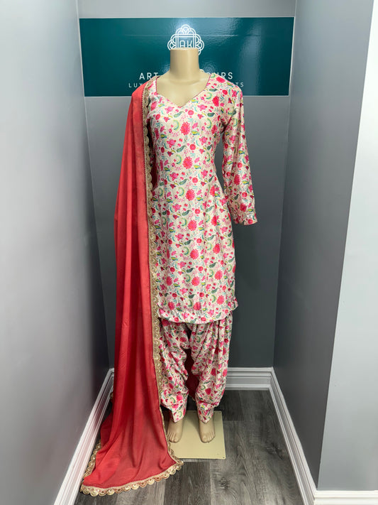 Printed Velvet Salwar Suit- White Pink