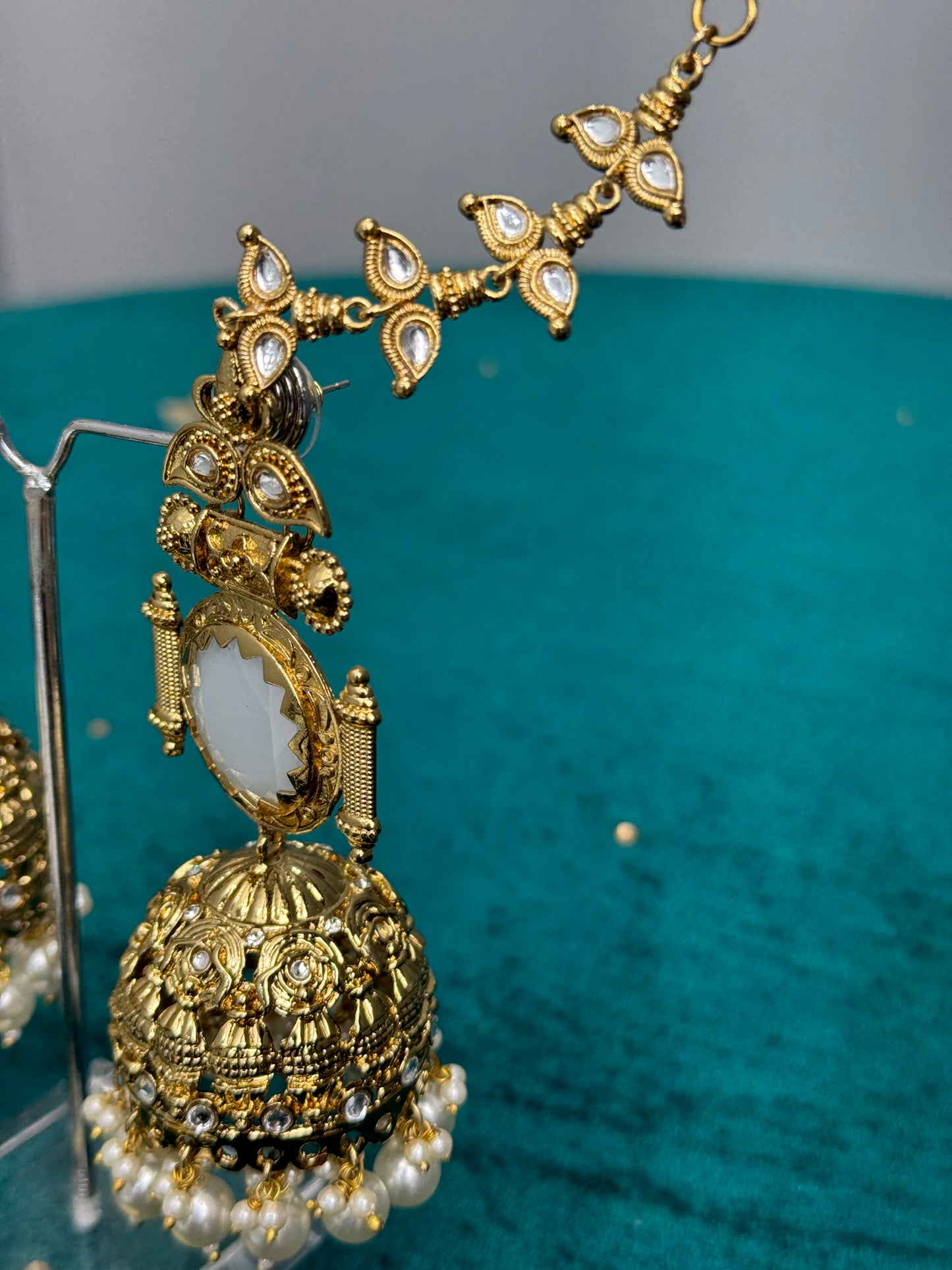 Gold-Plated Jhumka Earrings with Kundan and Pearl Detailing