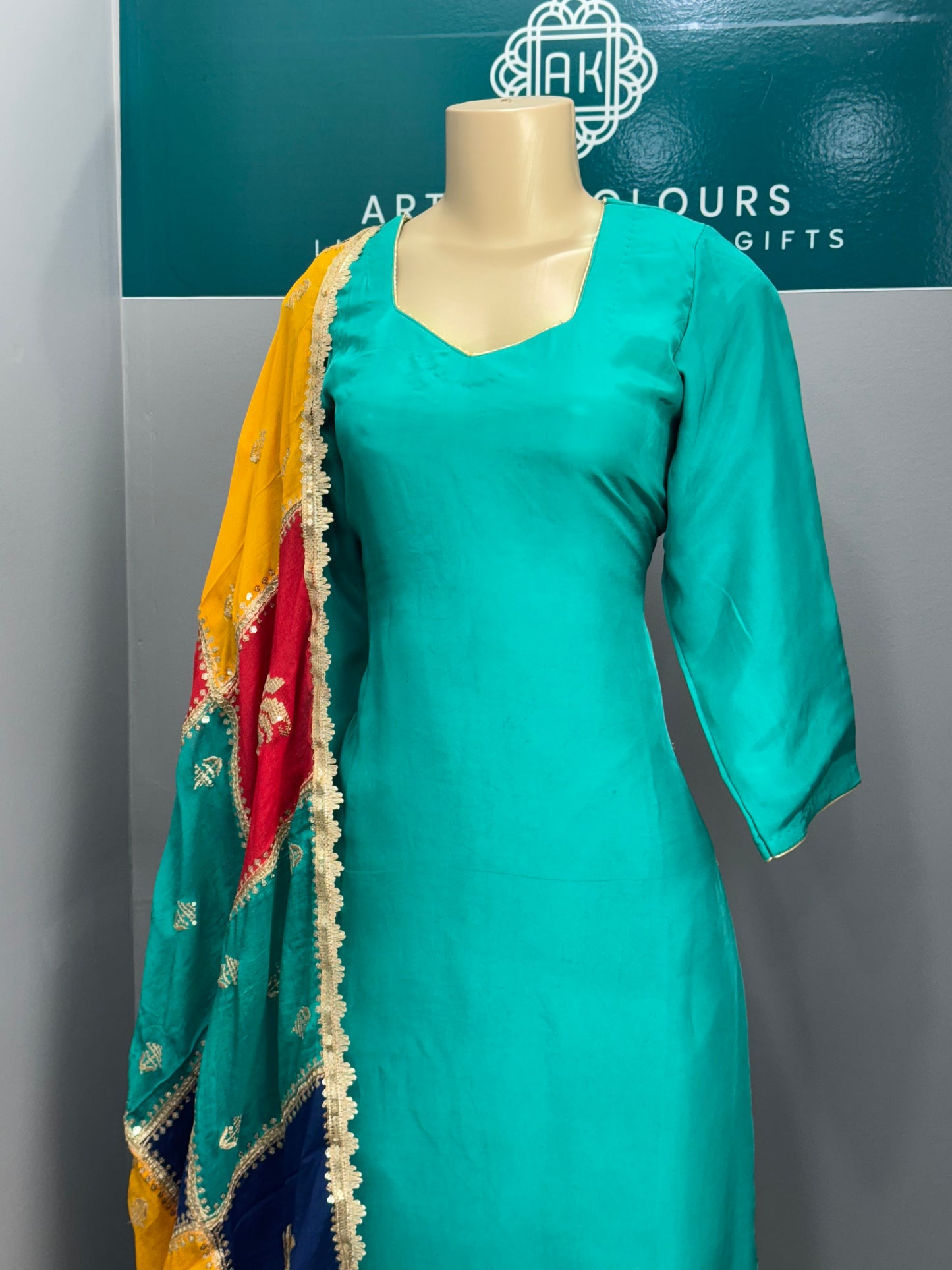 Plain Dark Teal Salwar Suit with Multicoloured Dupatta
