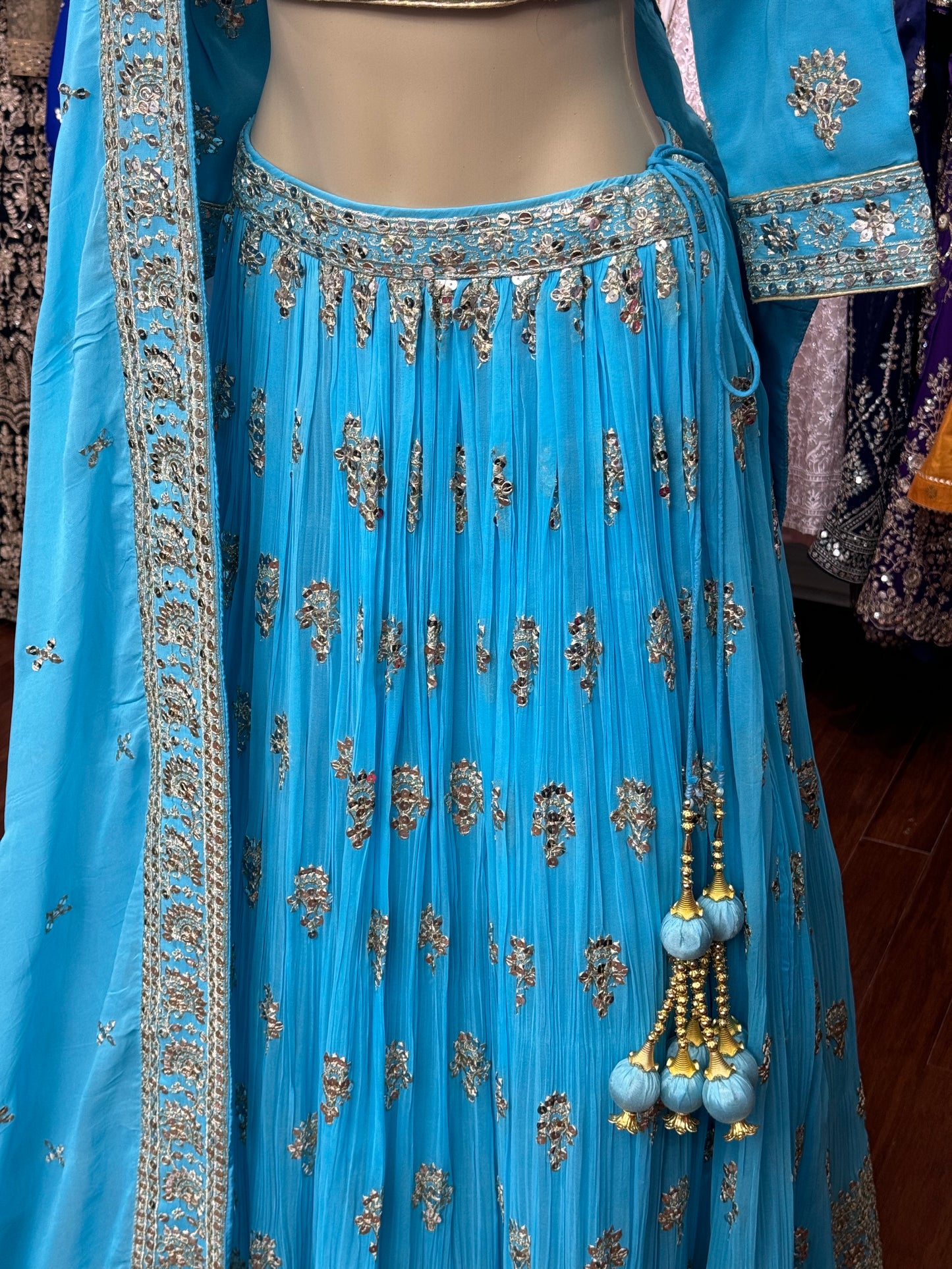 Zari and Shisha Work Lehenga Blue