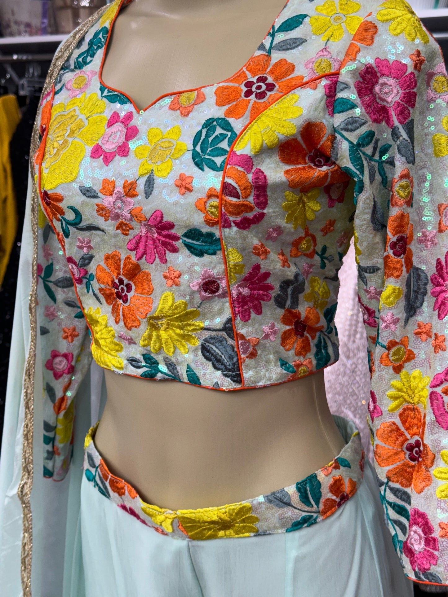 Thread Work Short Top Mint Sharara Suit