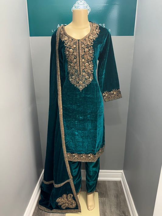 Teal Velvet Readymade Plazo Suit- AK7475-03