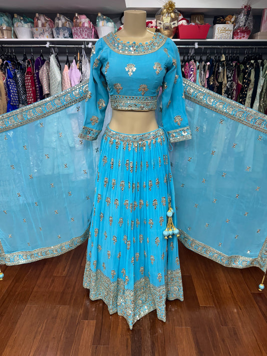 Zari and Shisha Work Lehenga Blue