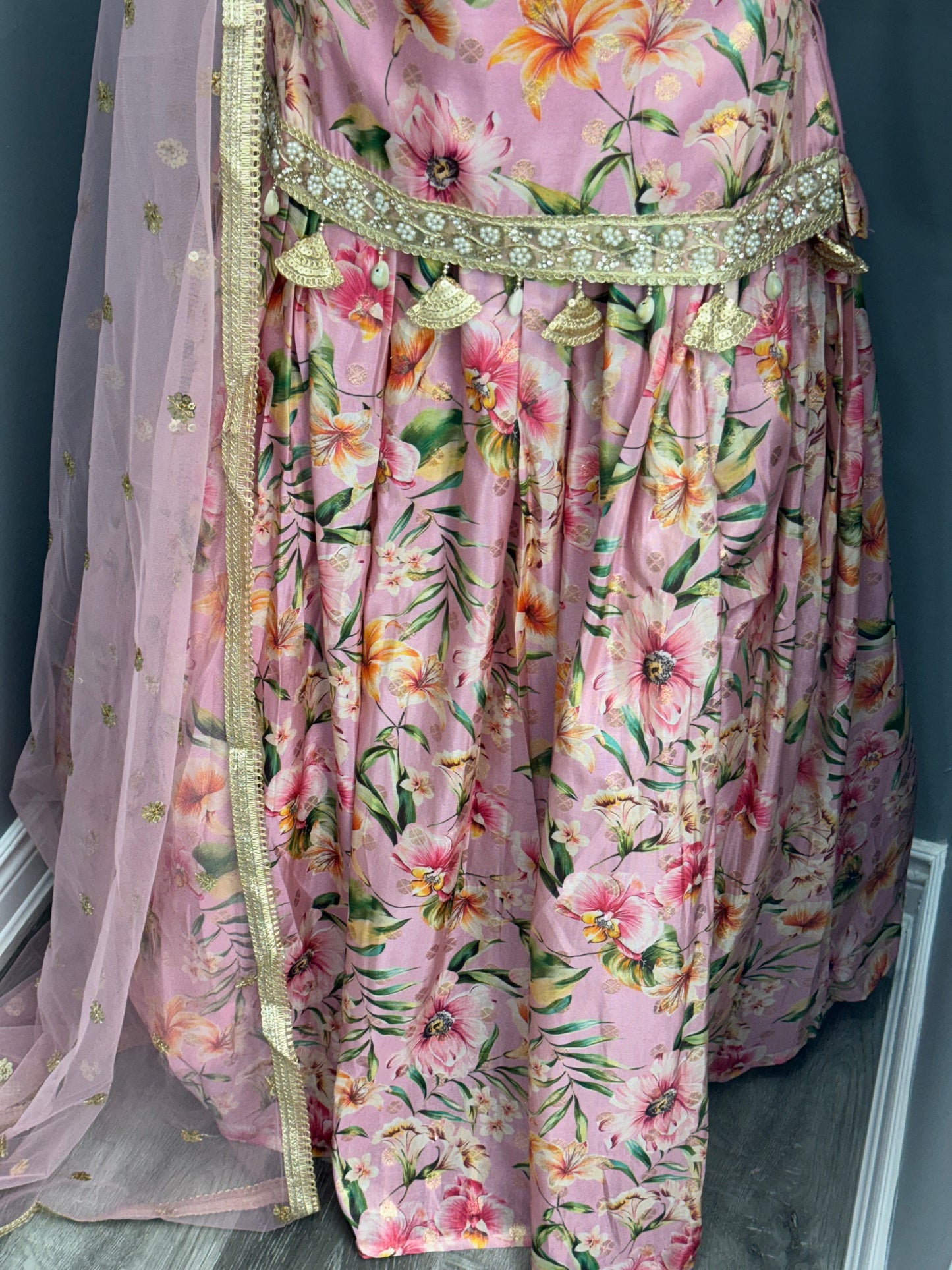 Floral Short Kurti Lehenga- Pink