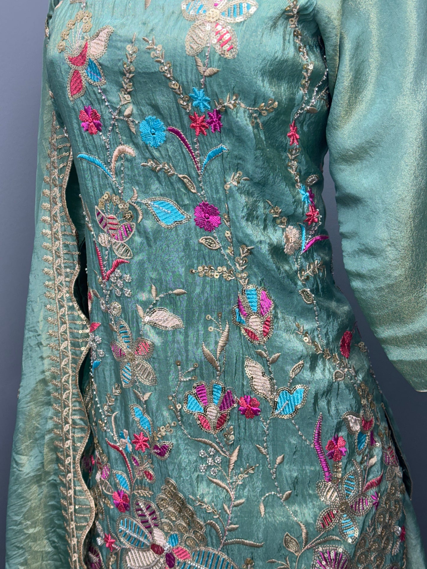 Pista Soneri Phulkari Sharara Suit