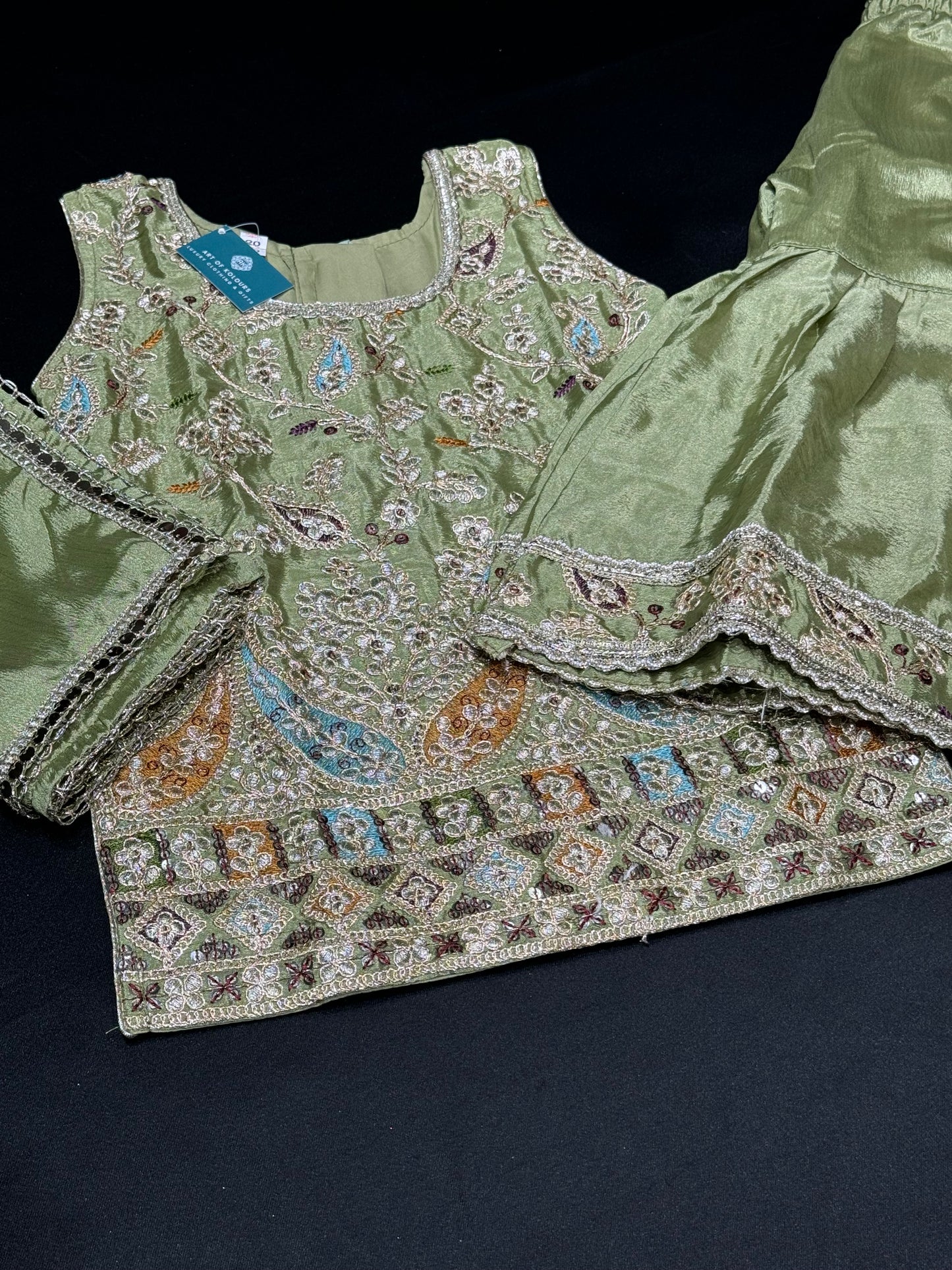 Joti Kids Gharara Suit- Sage Green