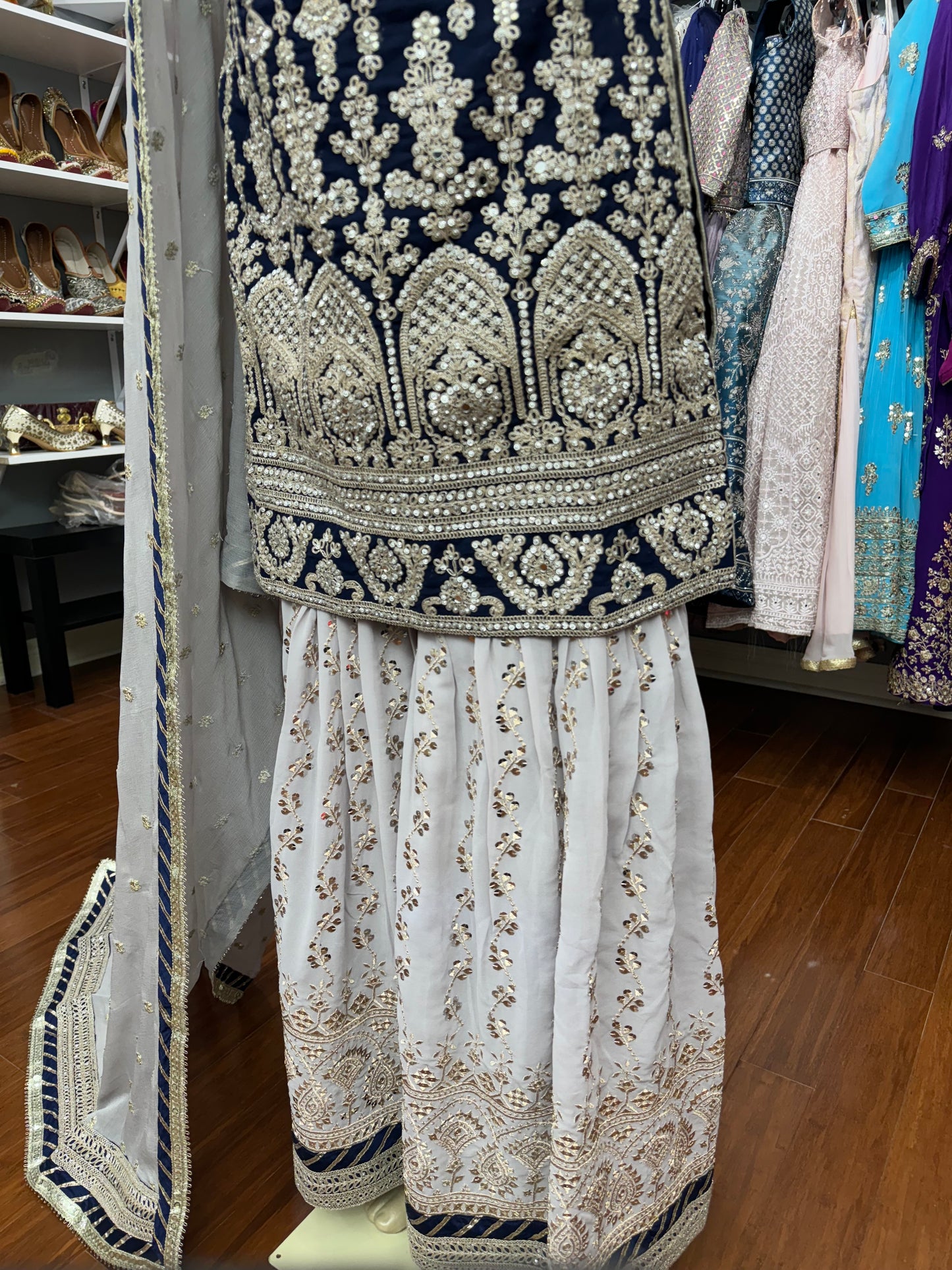 Heavy Stone Work Navy and Grey Gharara Suit