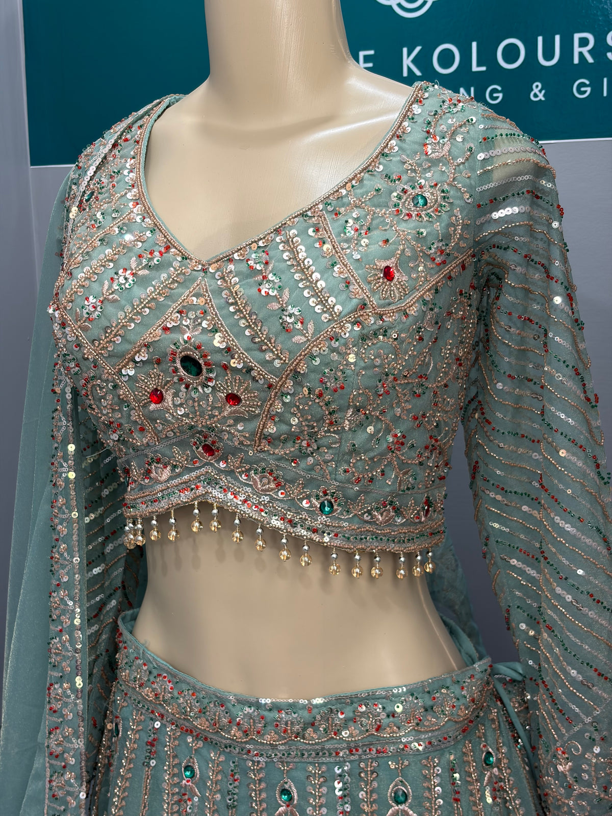 Green Jewel Beaded Lehenga- AK6974-3726
