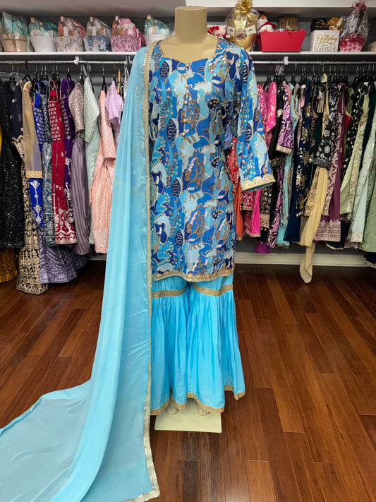 Sequence Work Multi Blue Gharara Suit