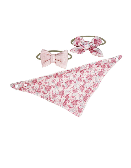 3 pc Bib and Headbands - Pink Flowers