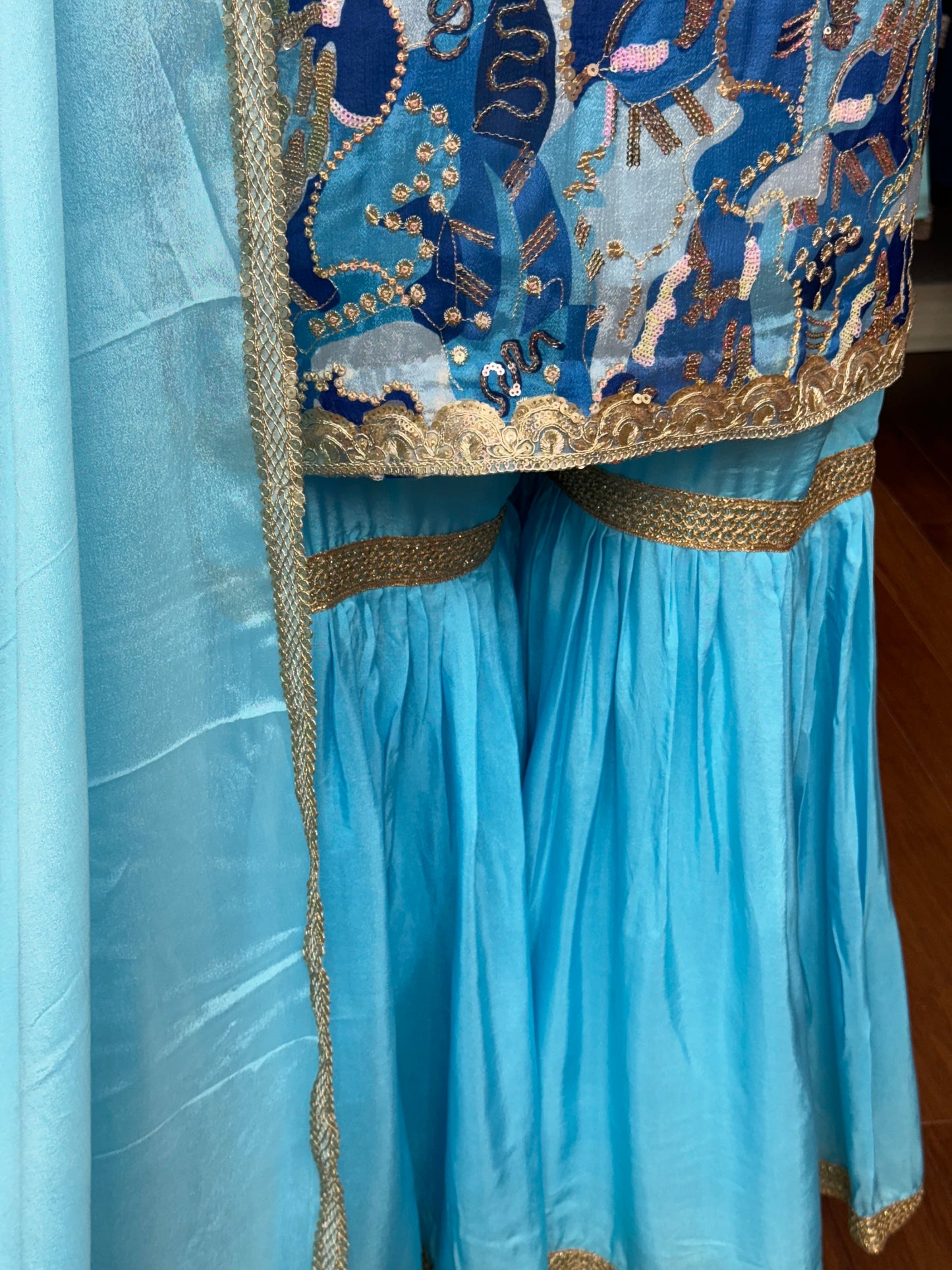 Sequence Work Multi Blue Gharara Suit
