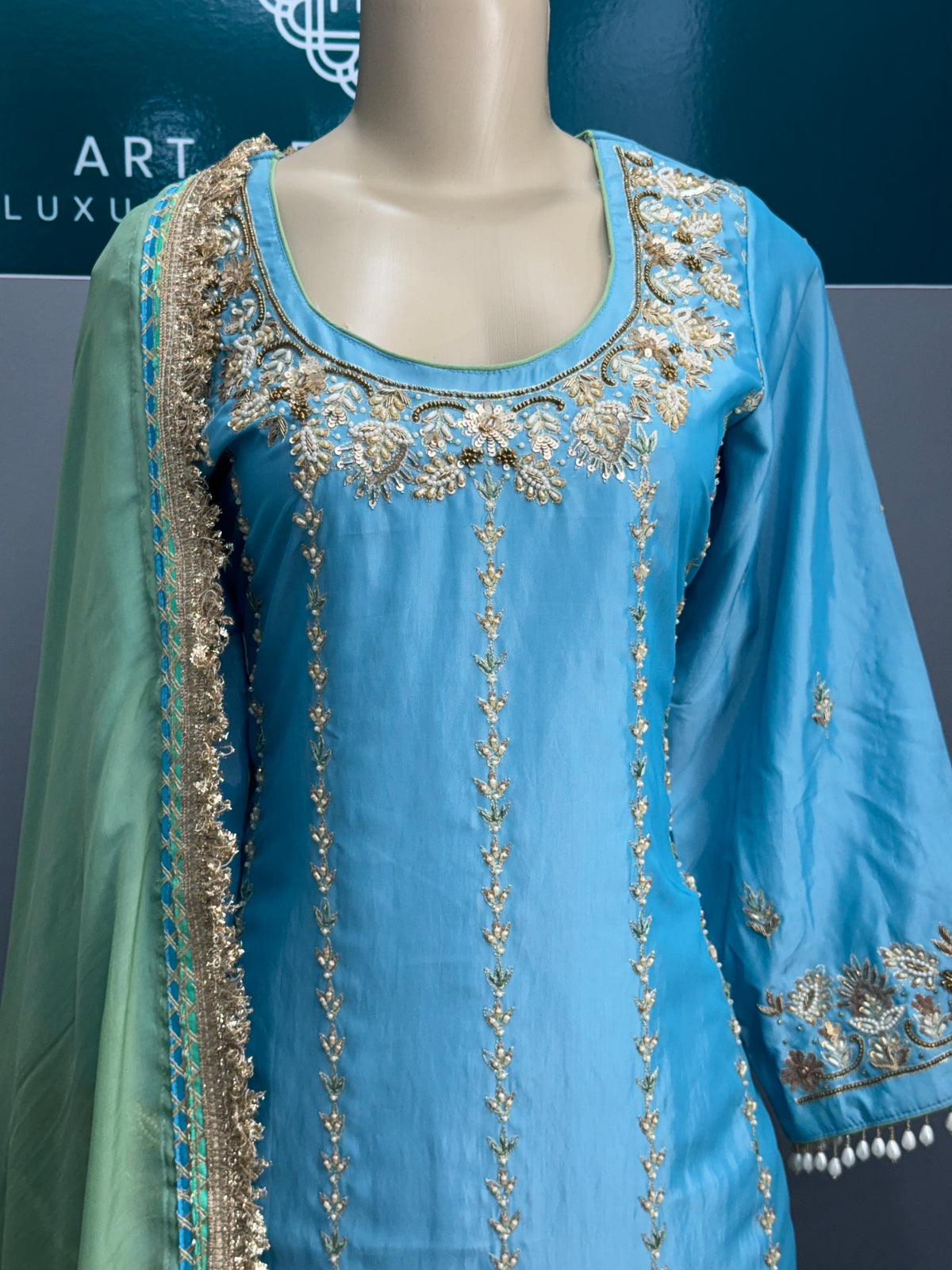 Cross Silk Blue Morni Handwork Plazo Suit AK