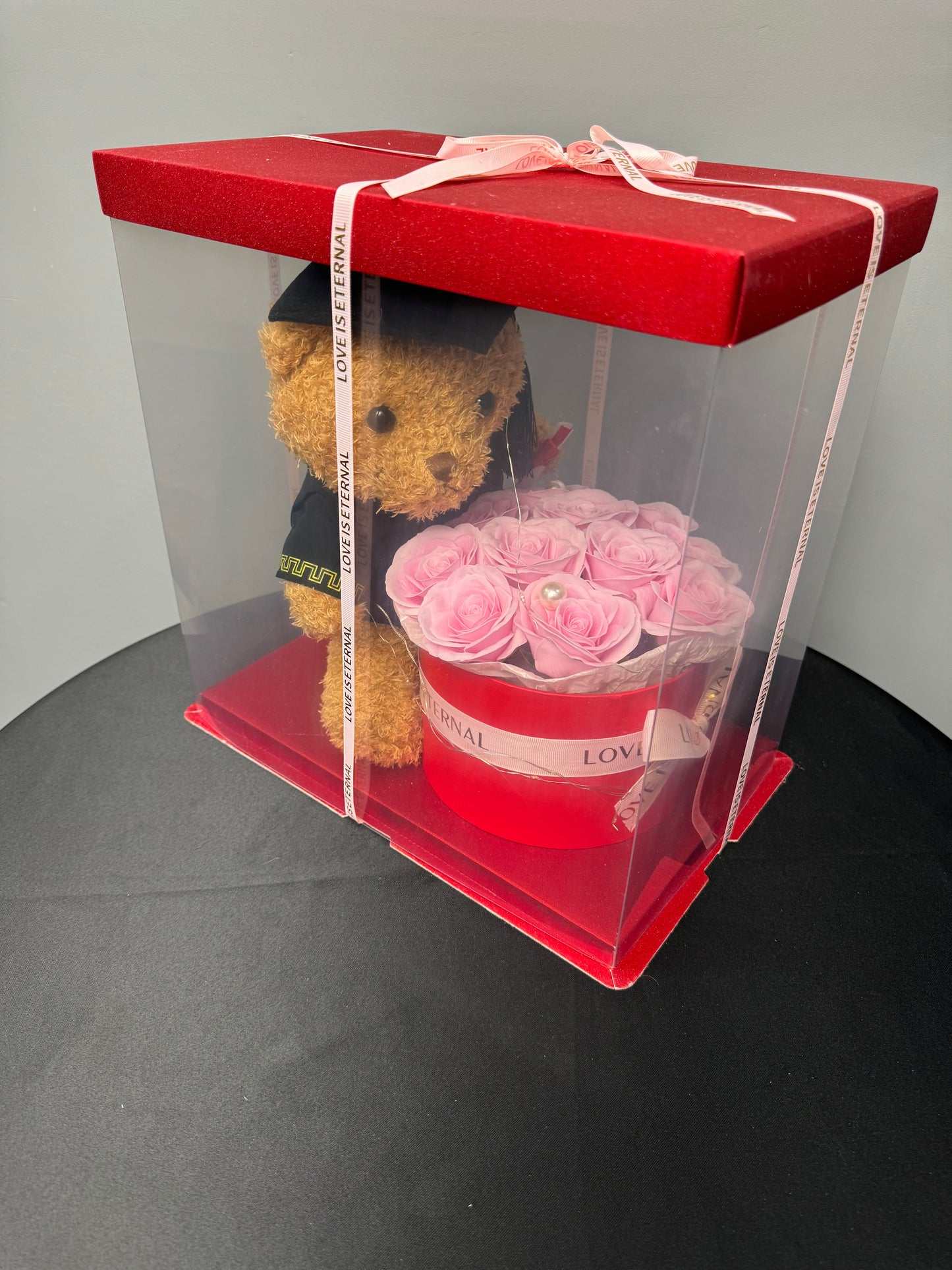 Eternal Roses with Grad Teddy Box Pink