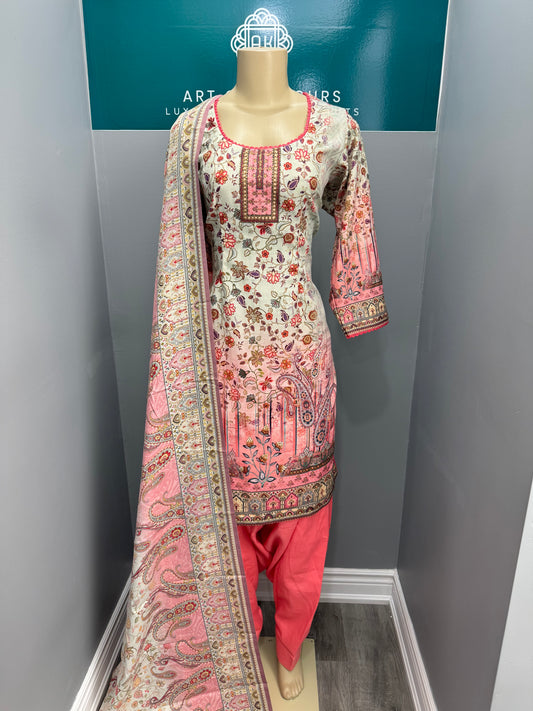 Printed Pashmina Salwar Suit- Pink