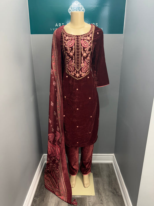 Maroon Velvet Readymade Plazo Suit- AK7475-06