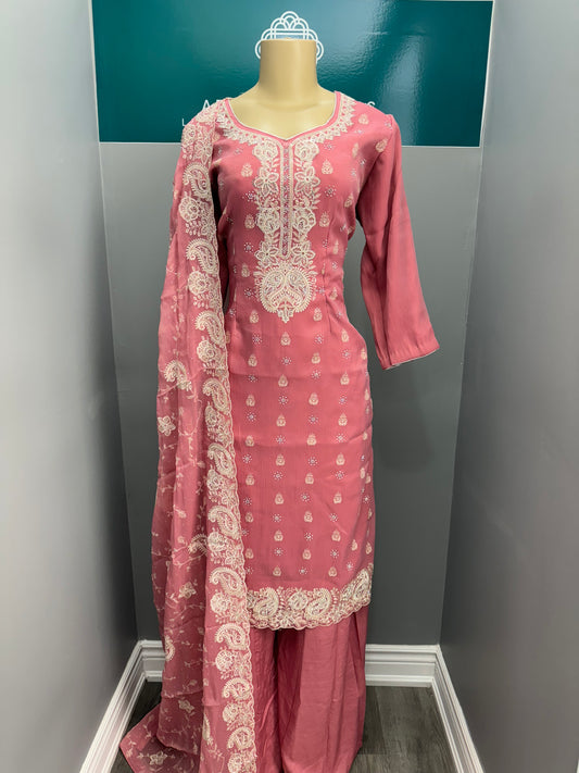 Stone Work Plazo Suit- Pink