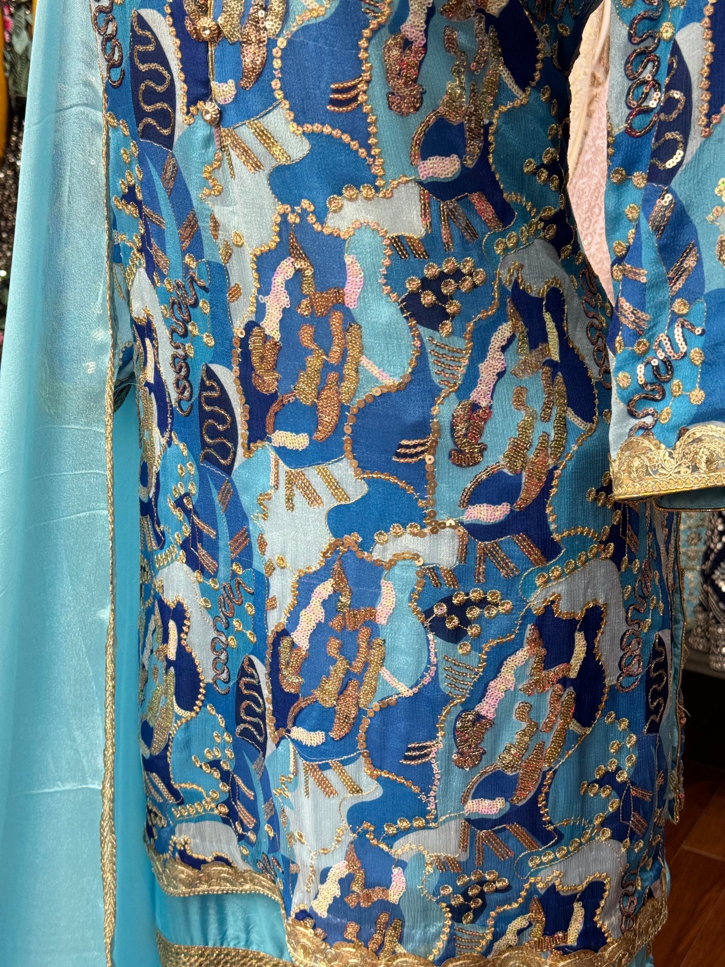 Sequence Work Multi Blue Gharara Suit