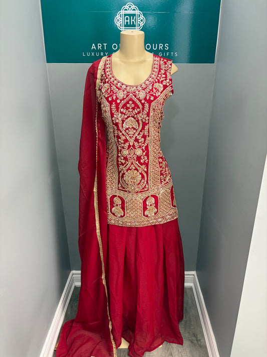 Heavy Beaded Short Kurti Lehenga Red- AK38-03