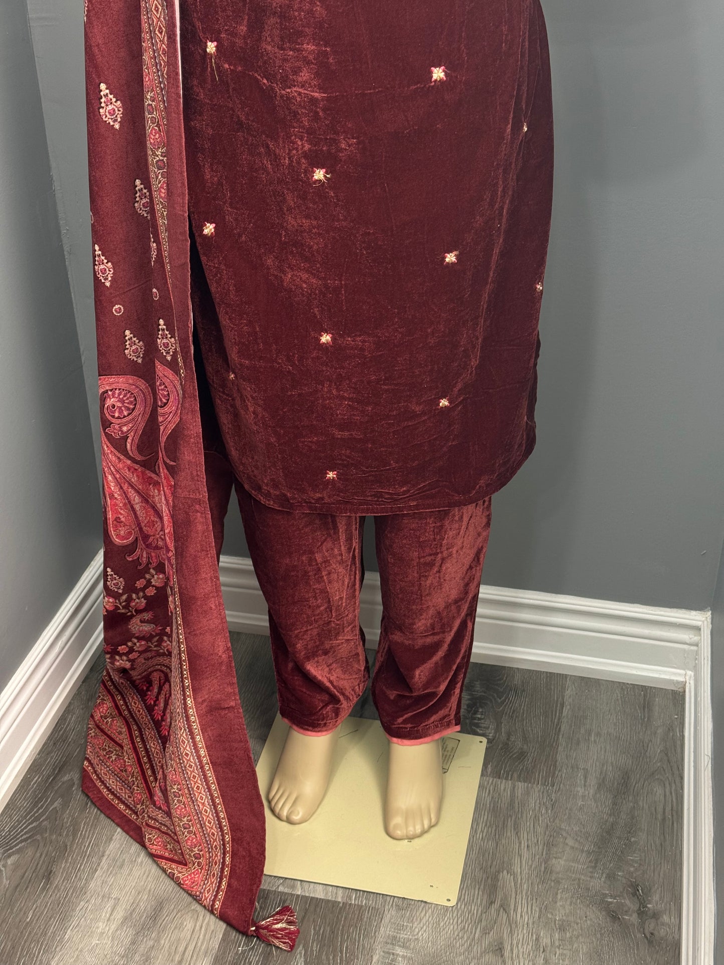 Maroon Velvet Readymade Plazo Suit- AK7475-06