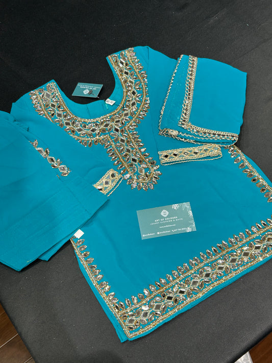 Kids Blue Mirror Work Salwar Suit (Size 20~34)