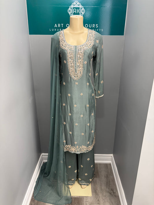 Pure Chinon Grey Handwork Plazo Suit AK3941-1326