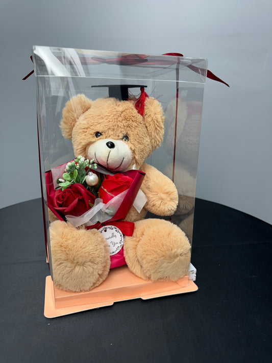 Grad Bear Holding Flower Bouquet Gift Brown