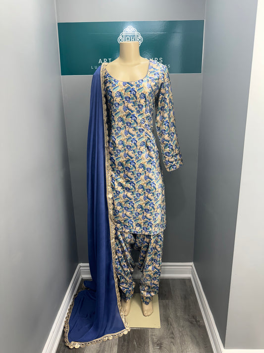 Printed Velvet Salwar Suit- White Blue