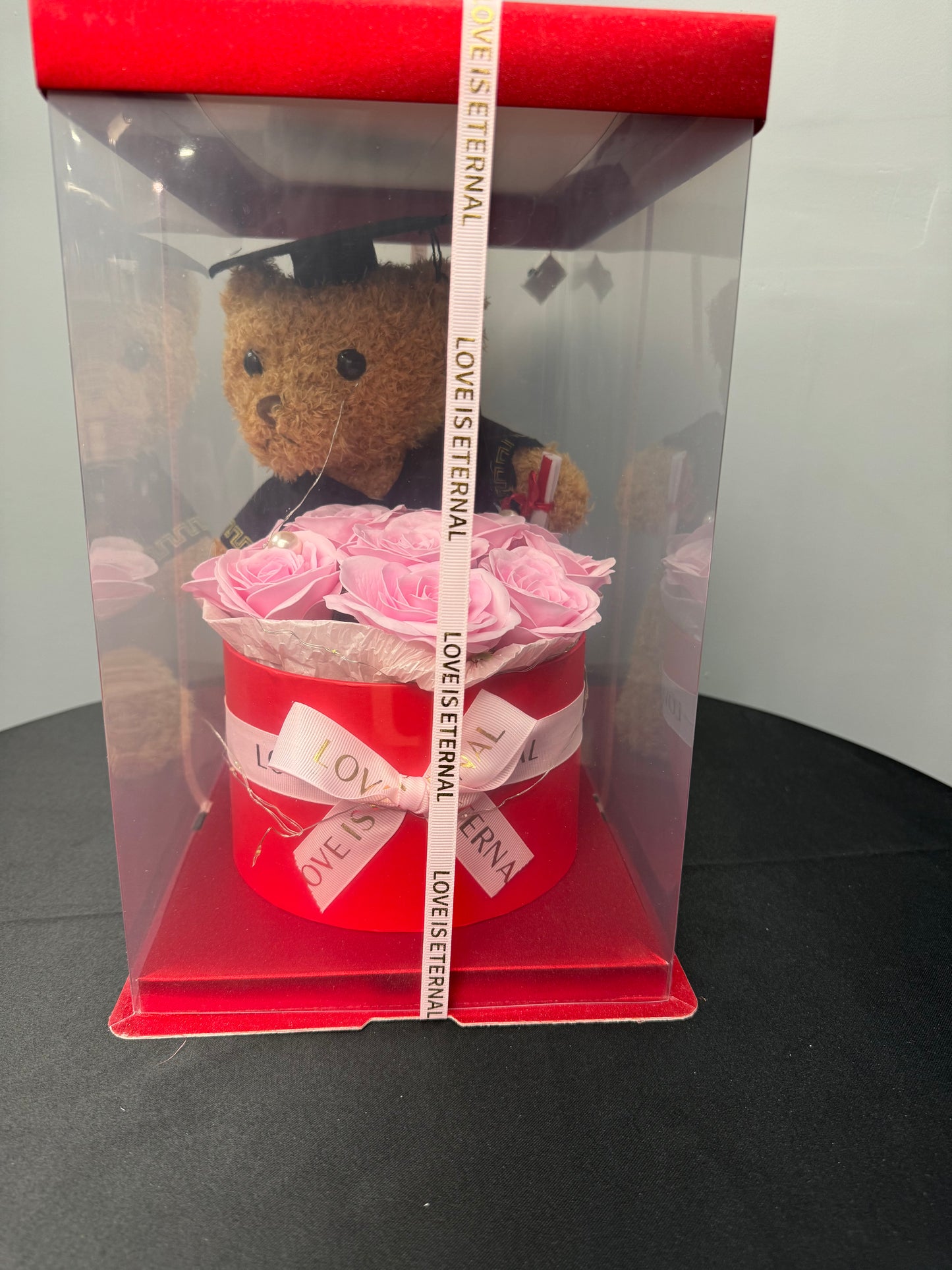 Eternal Roses with Grad Teddy Box Pink