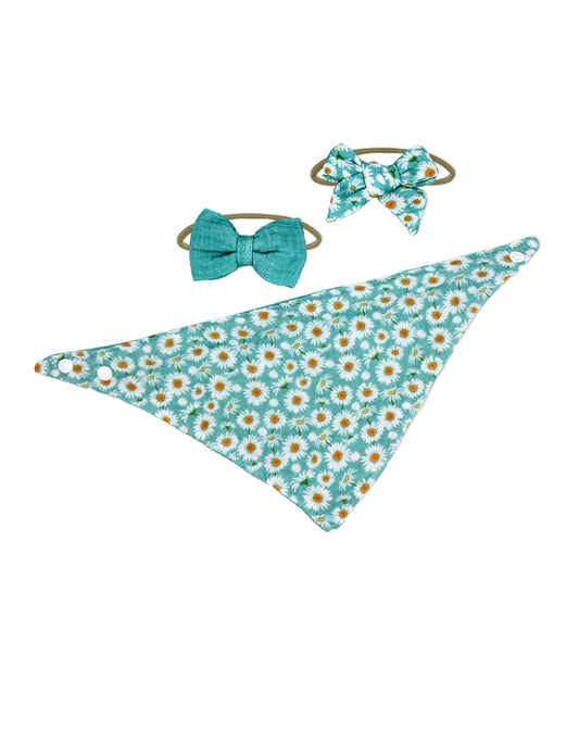 3 pc Bib and Headbands - Teal Daisies