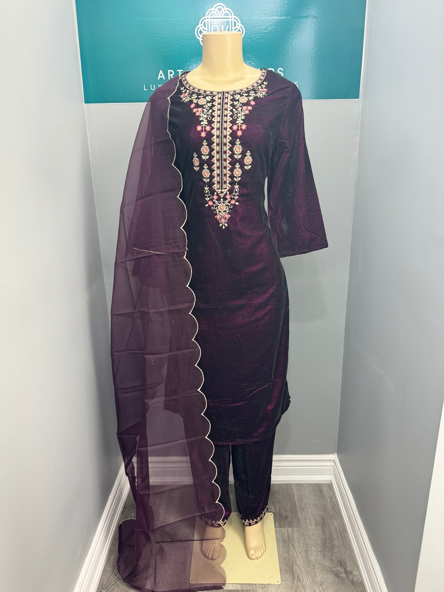 Wine Velvet Readymade Plazo Suit- AK7475-05