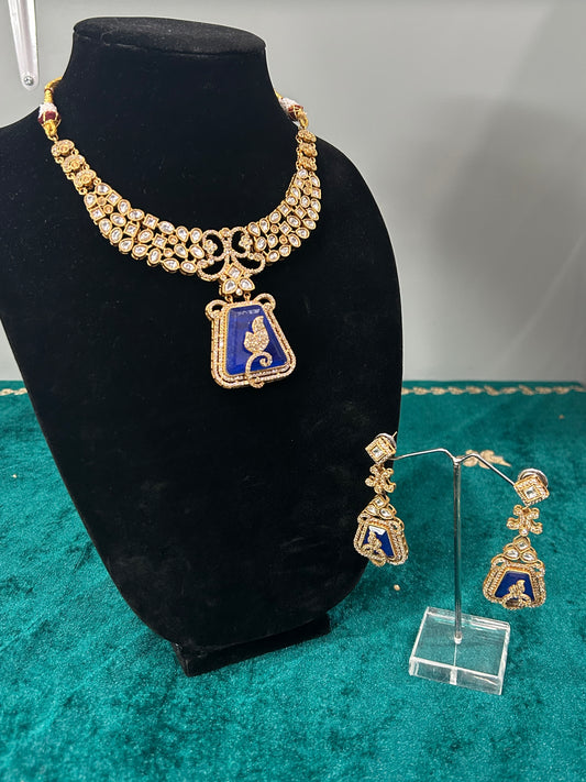 Royal Blue Moissanite Kundan Necklace Set