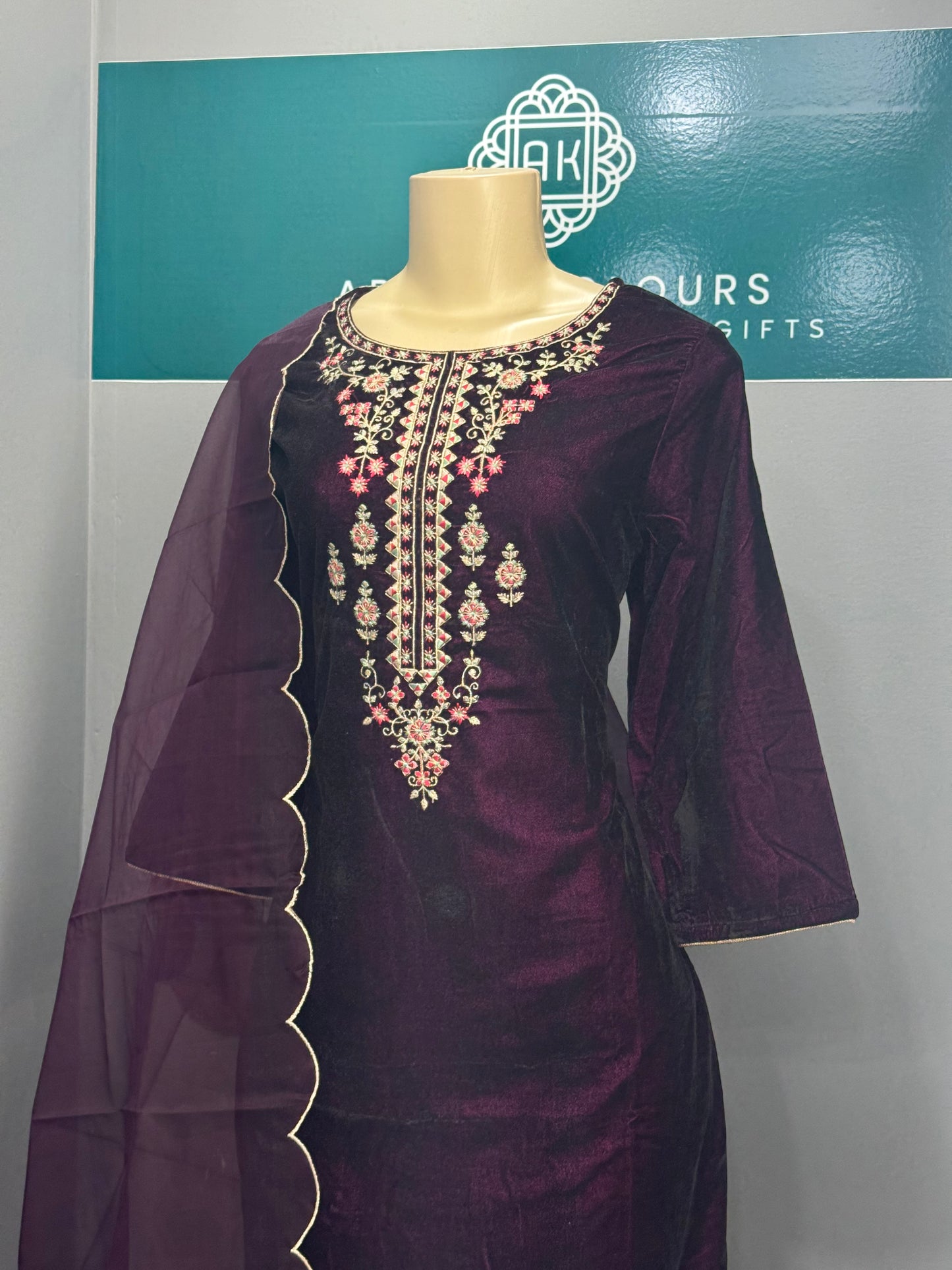 Wine Velvet Readymade Plazo Suit- AK7475-05