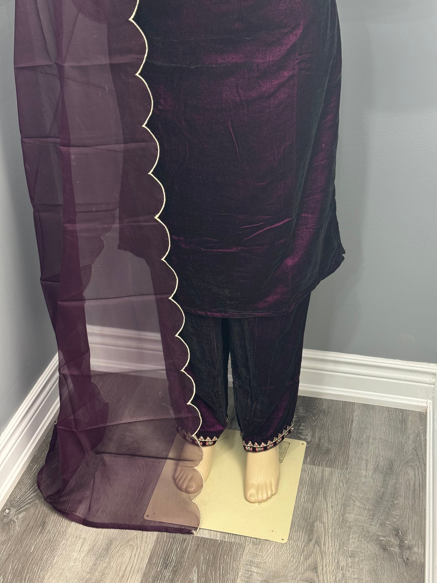 Wine Velvet Readymade Plazo Suit- AK7475-05