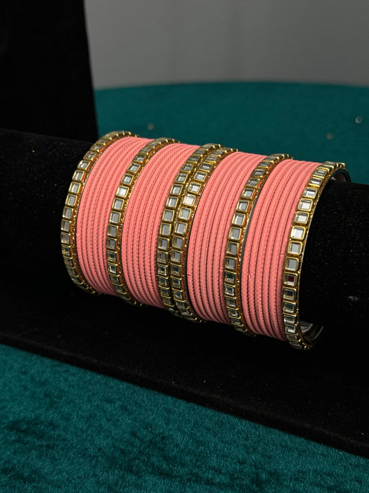 Peach Mirror Work Bangles