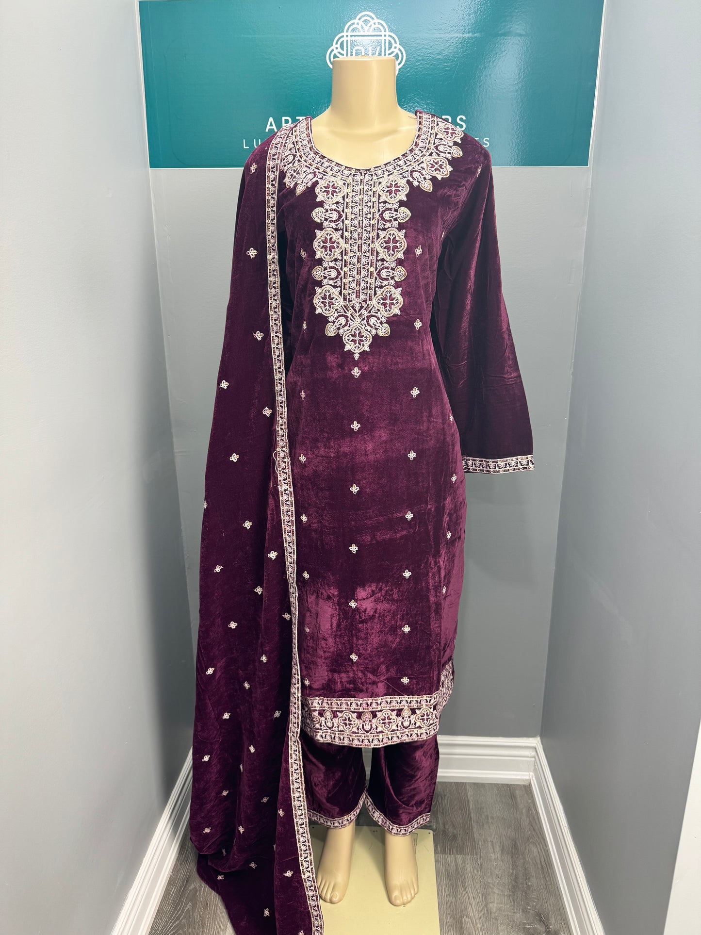 Wine Velvet Readymade Plazo Suit- AK7475-05