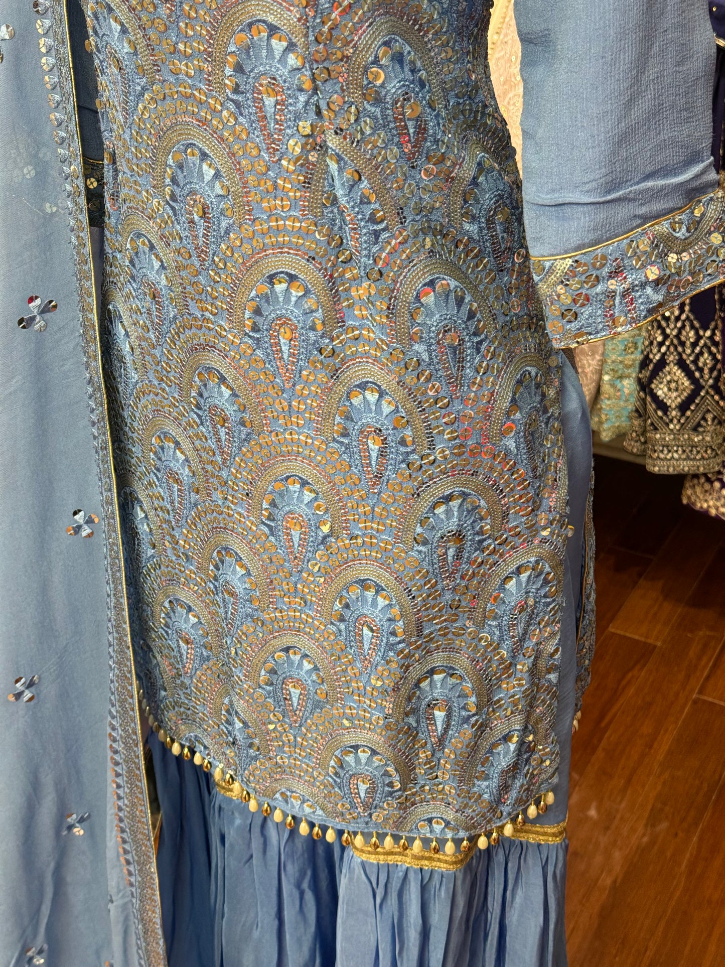 Sequence Work Ice Blue Gharara Suit