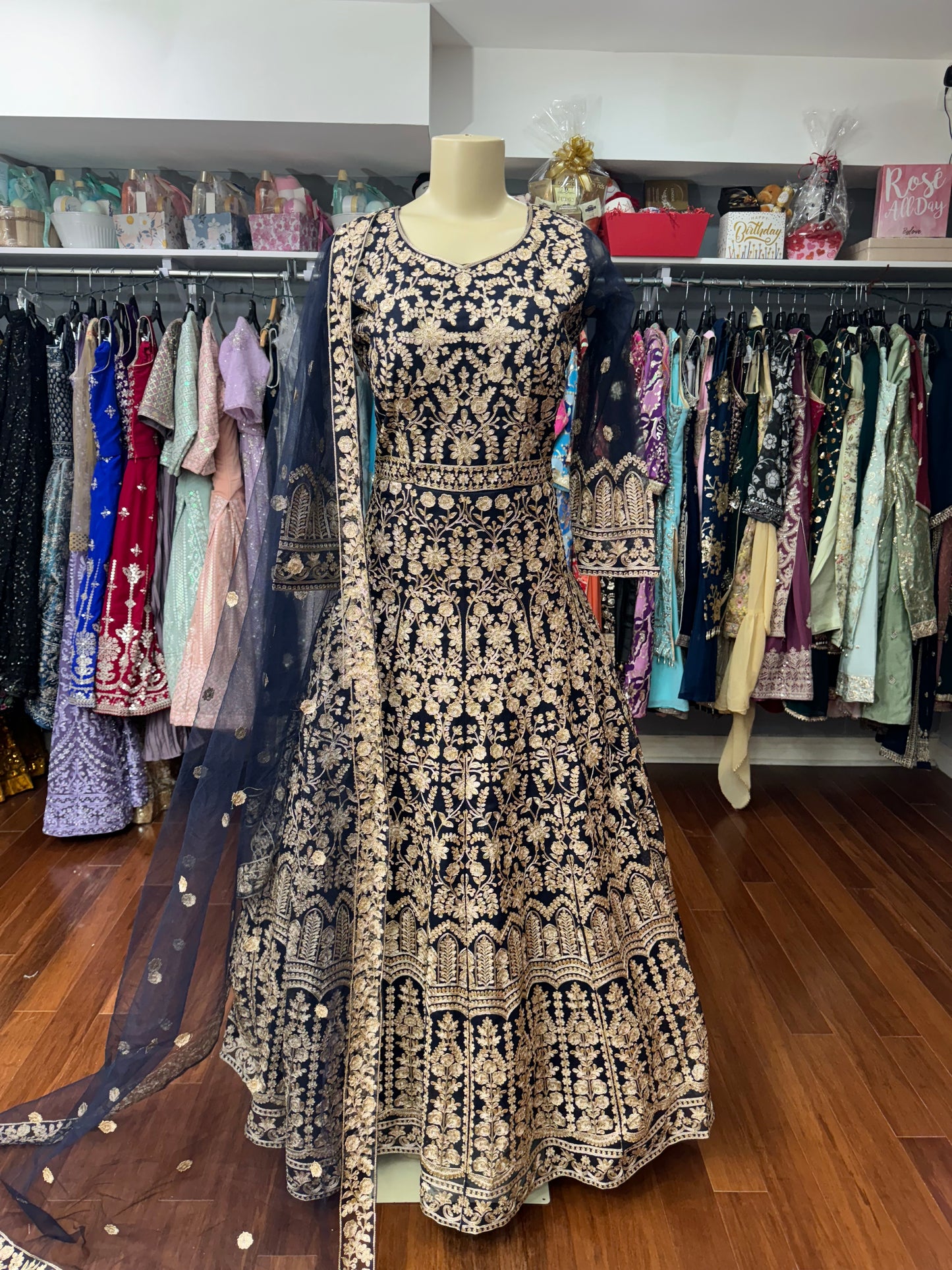 Gold Thread Work Navy Long Dress