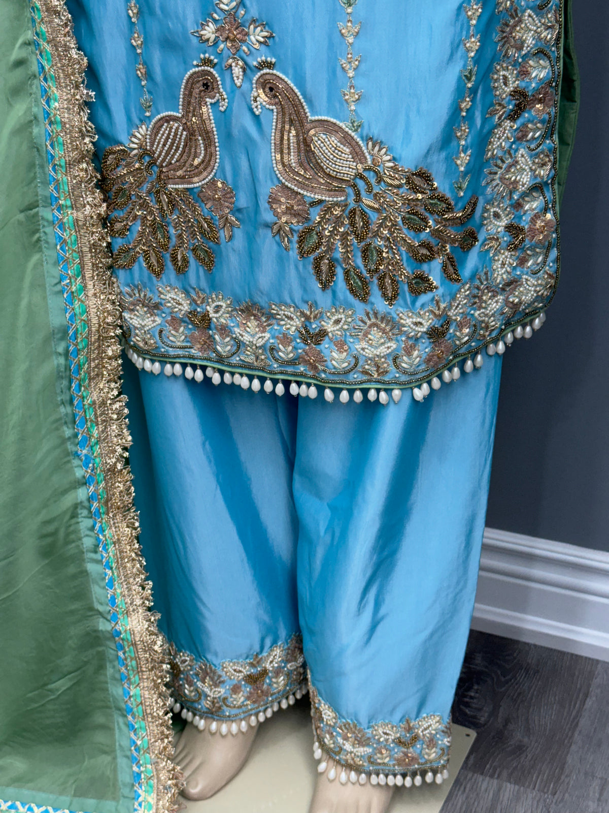 Cross Silk Blue Morni Handwork Plazo Suit AK