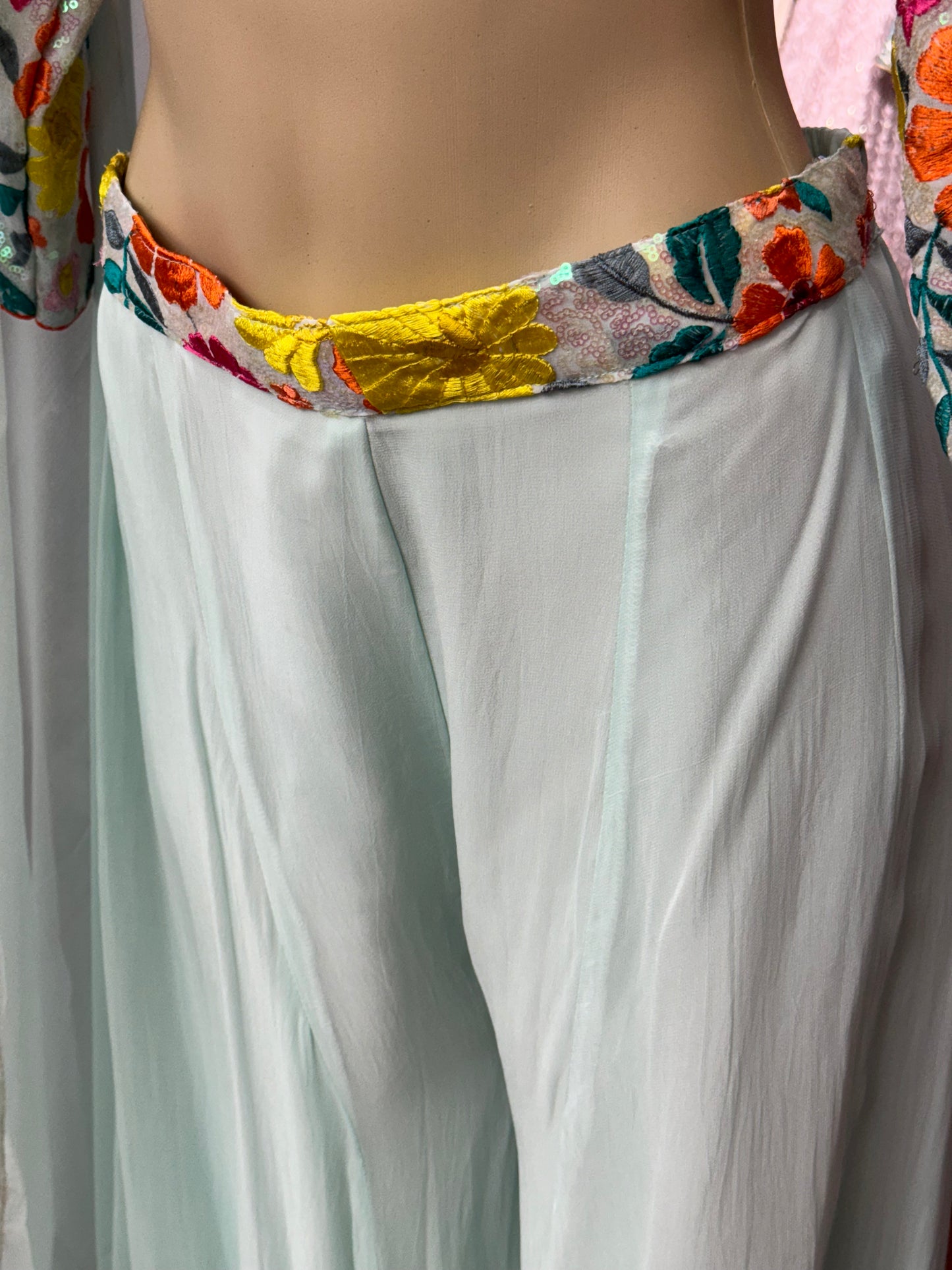 Thread Work Short Top Mint Sharara Suit