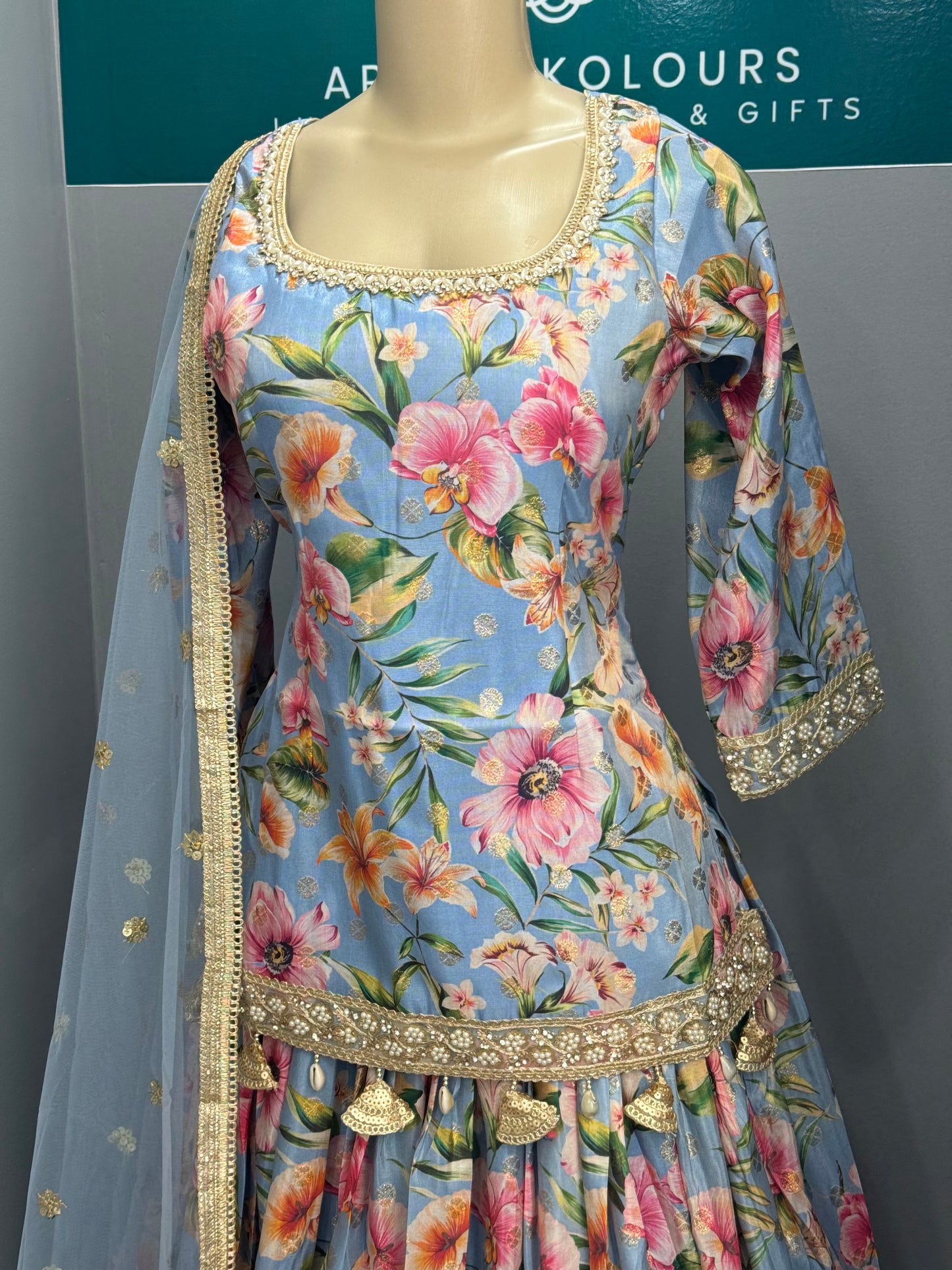 Floral Short Kurti Lehenga- Blue