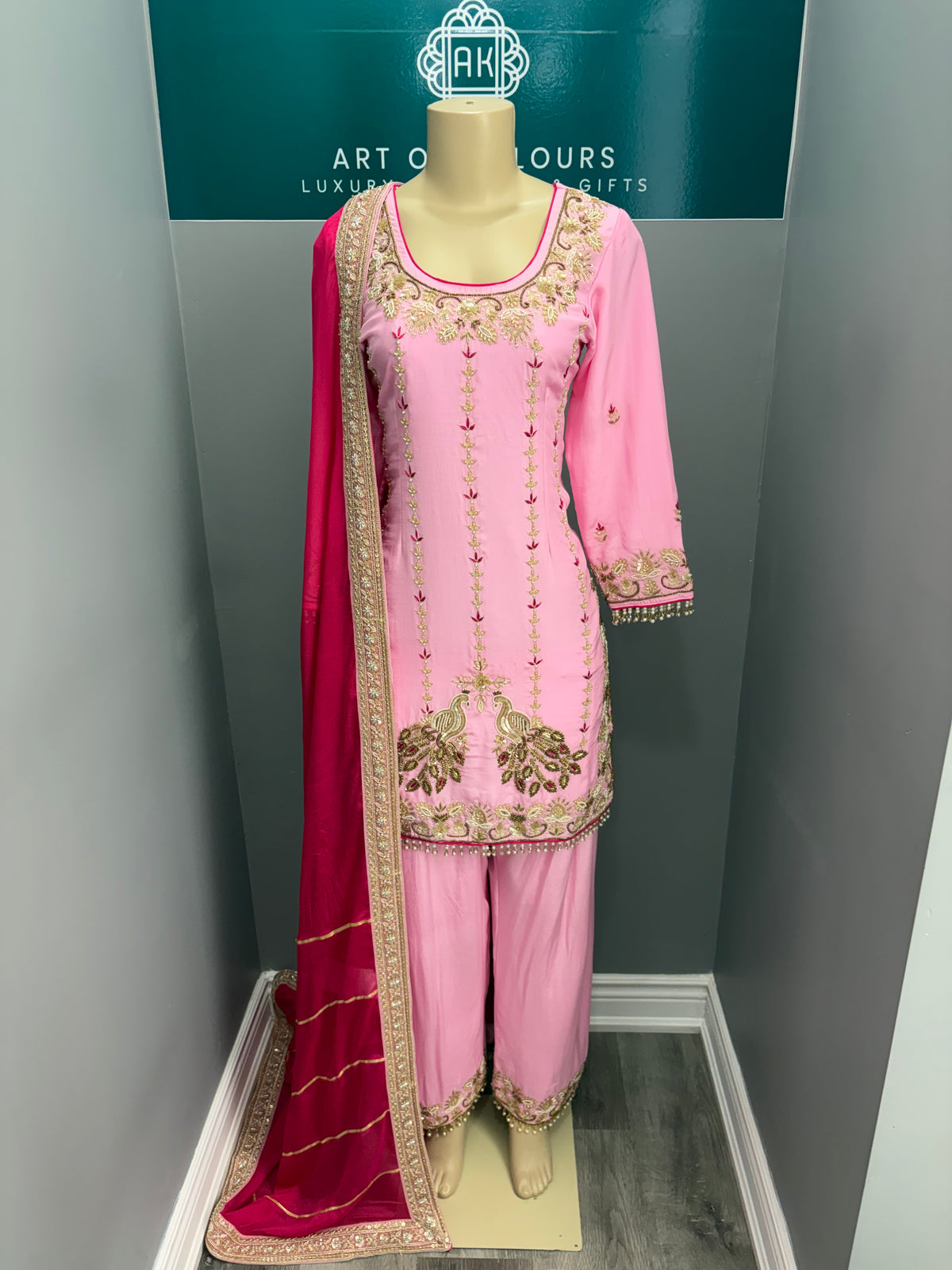 Pure Crepe Pink Morni Handwork Plazo Suit AK