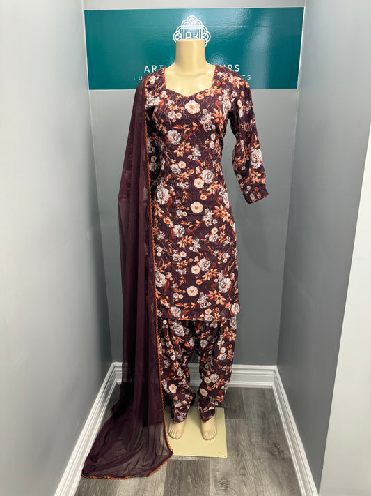 Printed Georgette Salwar Suit- Brown