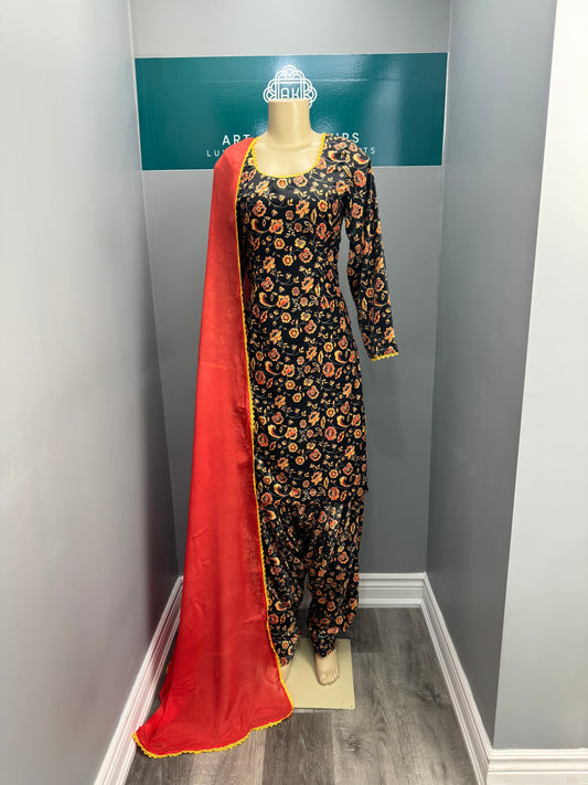 Printed Velvet Salwar Suit- Black Yellow