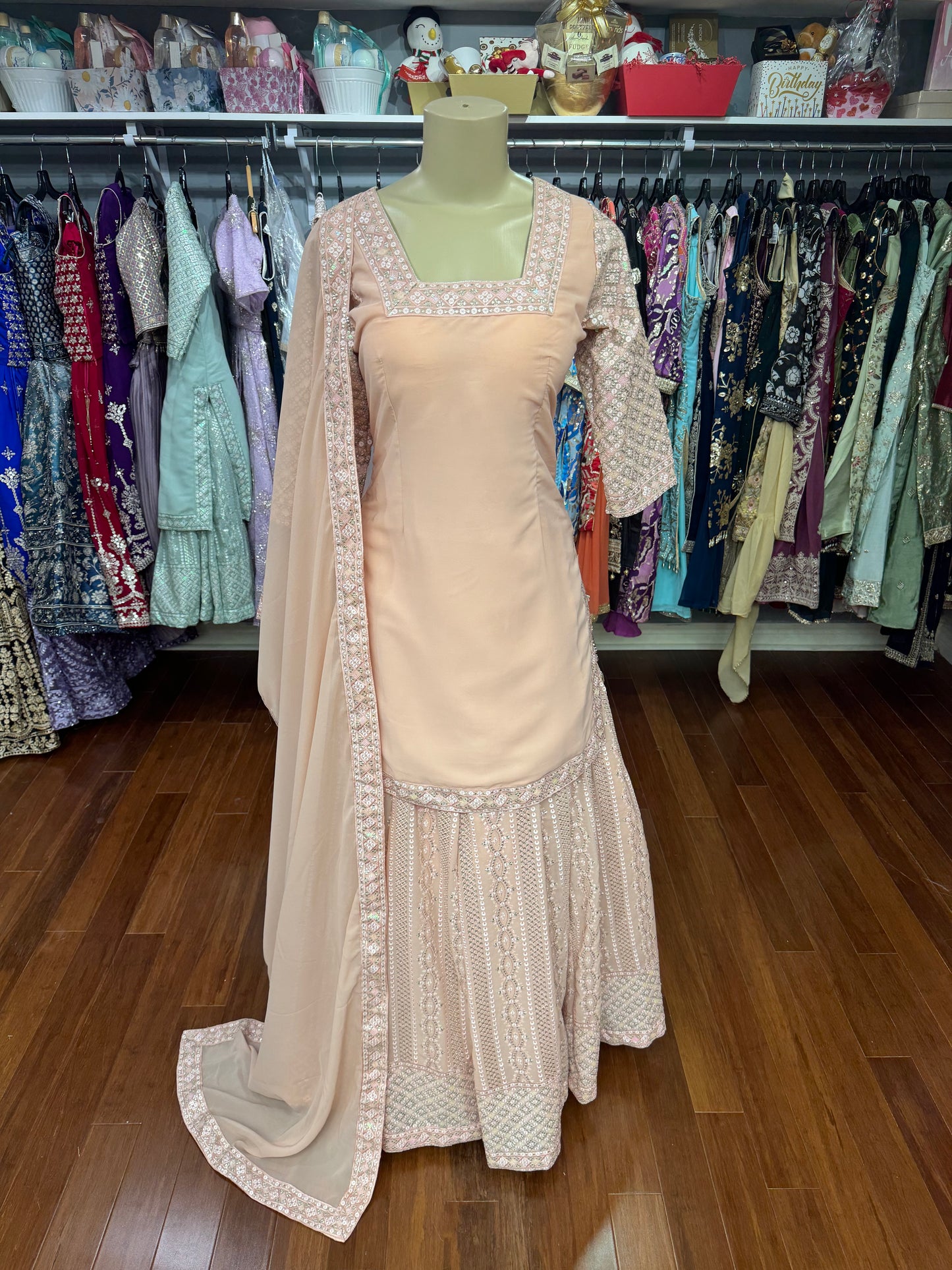 Sequence Work Long Top Lehenga Peach