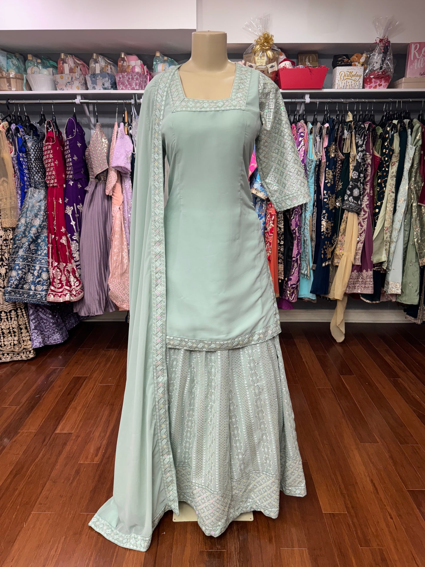 Sequence Work Long Top Lehenga Mint