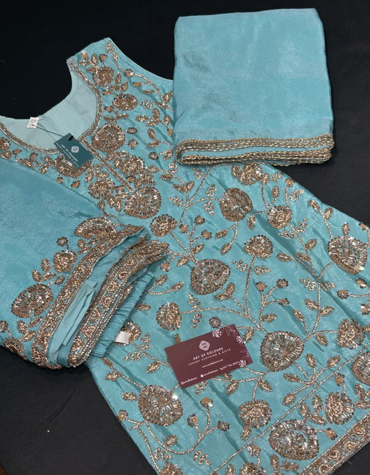 Blue Beadwork Kid’s Sharara Suit