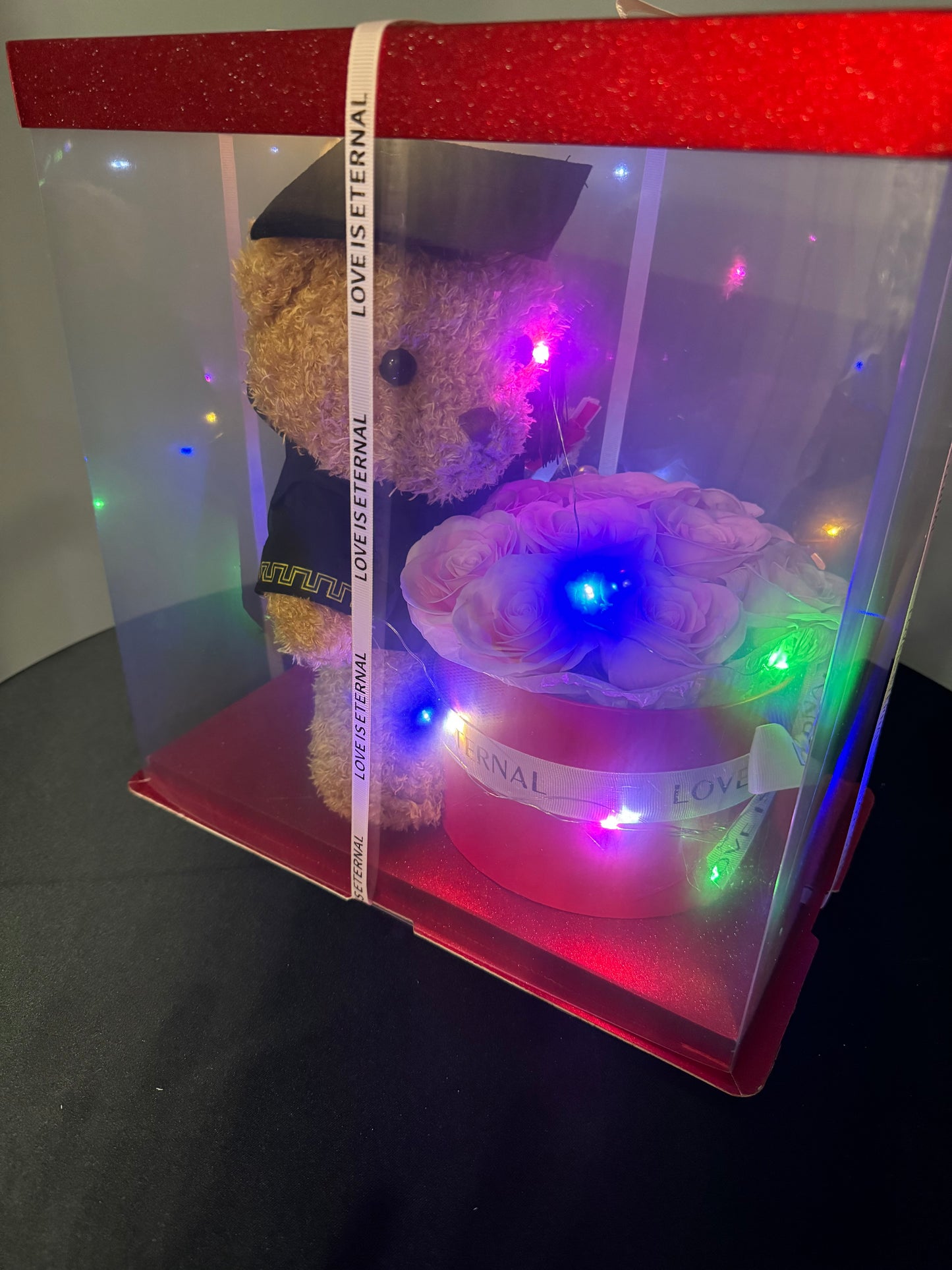 Eternal Roses with Grad Teddy Box Pink