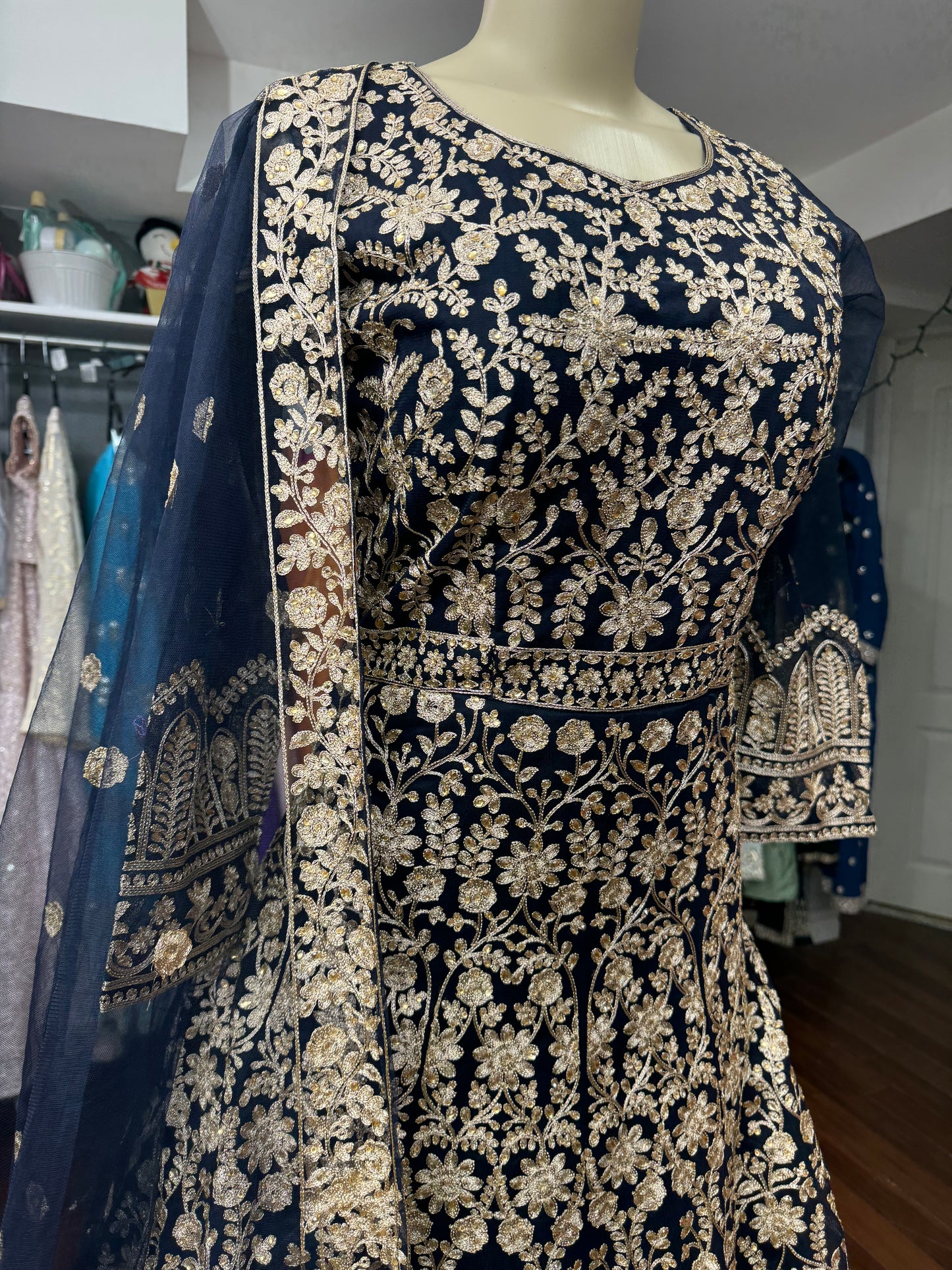 Gold Thread Work Navy Long Dress