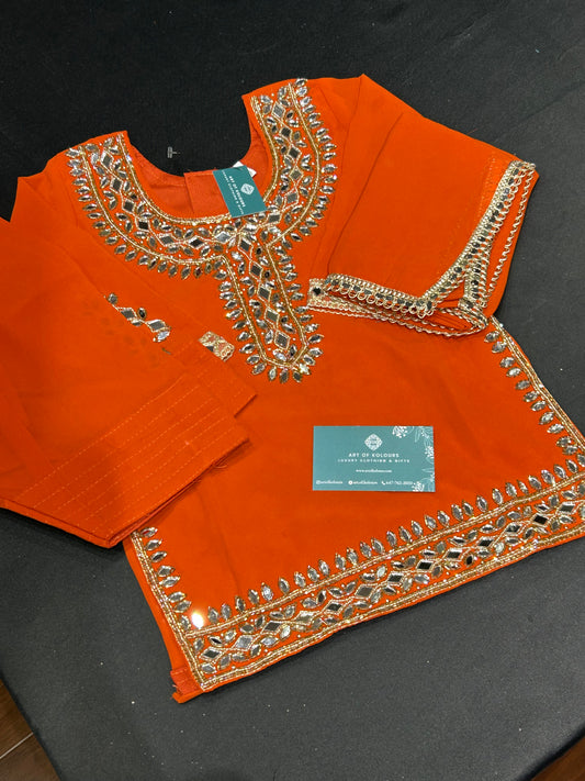 Kids Orange Mirror Work Salwar Suit (Size 20~34)
